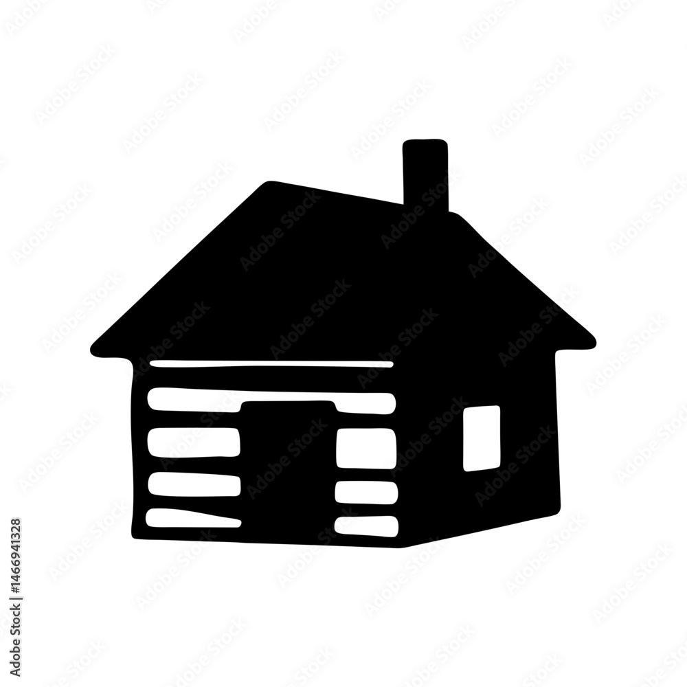 Stylized black silhouette of a rustic log cabin or house illustration