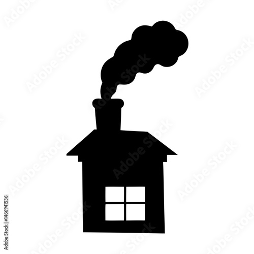 Black silhouette of a small house with smoke coming out of chimney