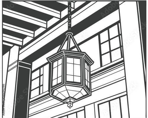 A vector illustration shows an architectural sketch of a house facade with a window design