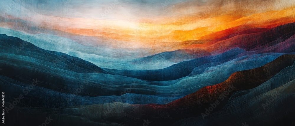 A painting of a mountain range with a bright orange sky