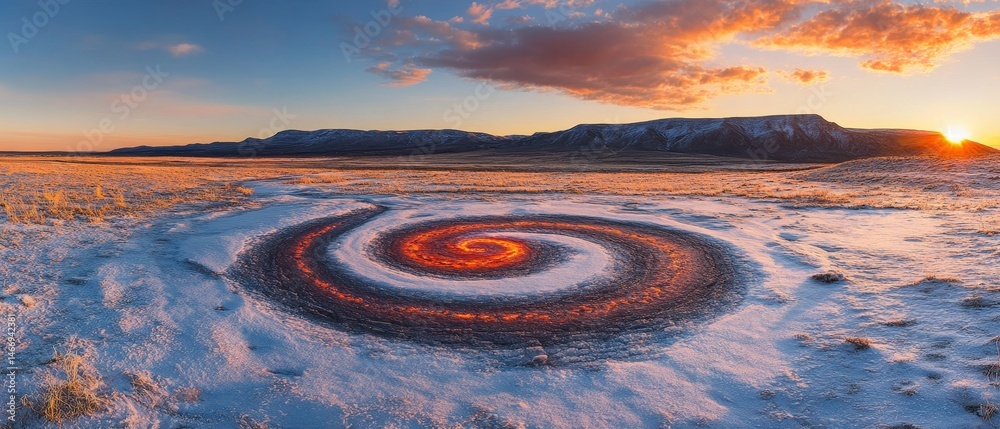 A large spiral in the snow with a red circle in the middle