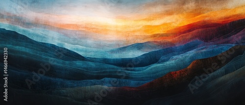 Obraz na płótnie A painting of a mountain range with a bright orange sky w salonie