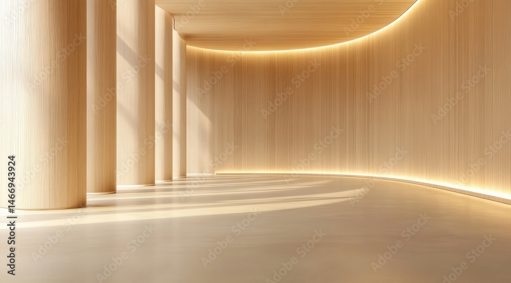 Obraz premium Sunlit wooden hall with curved walls and columns