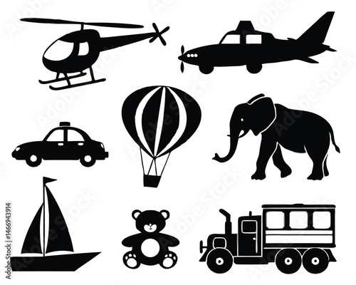 This vector illustration showcases a comprehensive set of transport icons, featuring a car, truck, bus, train, ship, airplane, and helicopter, as design symbols for travel and transportation