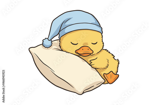 Baby duckling with nightcap sleeping on pillow Illustration - isolated on white
