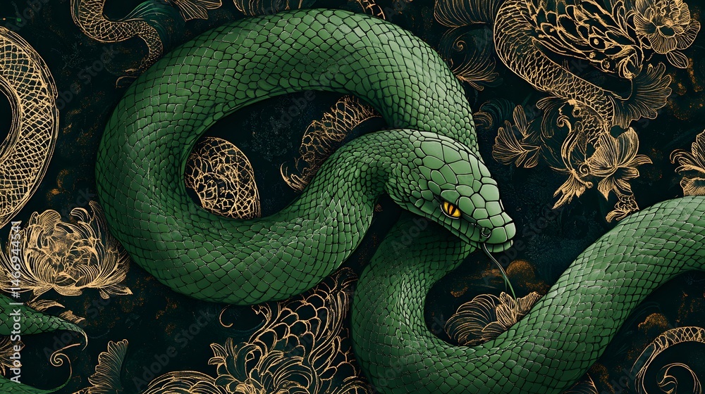 Fototapeta premium Snake Chinese Zodiac in Emerald Green: An emerald green snake, coiled elegantly with a sinuous body, set against a backdrop of intricate Chinese motifs. 