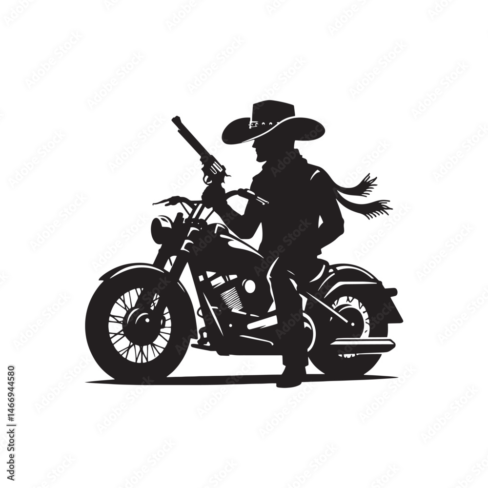 Fototapeta premium Western Biker with Hat Vector Silhouette, Cowboy Style, Biker Rider, Leather Jacket, Western Motorcycle, Hat, Biker Attitude, Wild West 