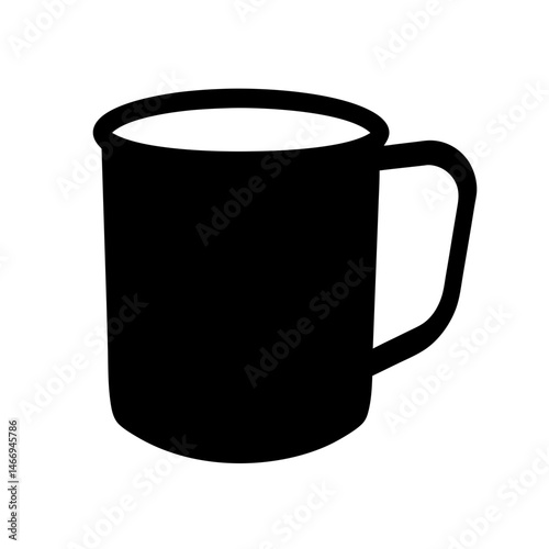Monochrome illustration of an enamel mug silhouetted against a white background