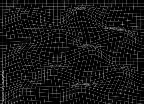 Digital curved distorted grid lines background,distorted wave pattern with the optical illusion on black