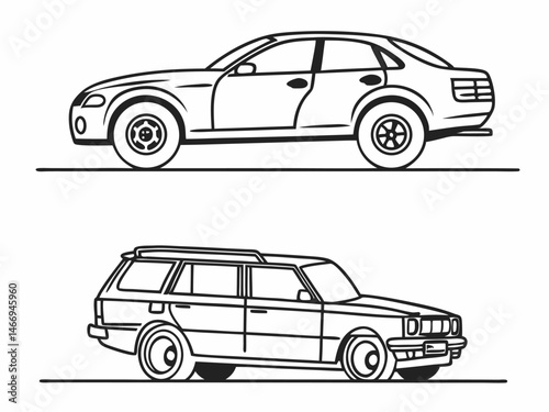 A vector set showcases various car illustrations, including auto, SUV, and truck designs for transportation