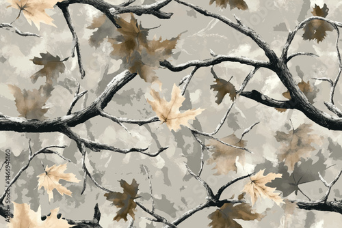 Vector camouflage pattern. Hunting camouflage seamless pattern background.Incorporating branches and leaves for cover in a hunting environment