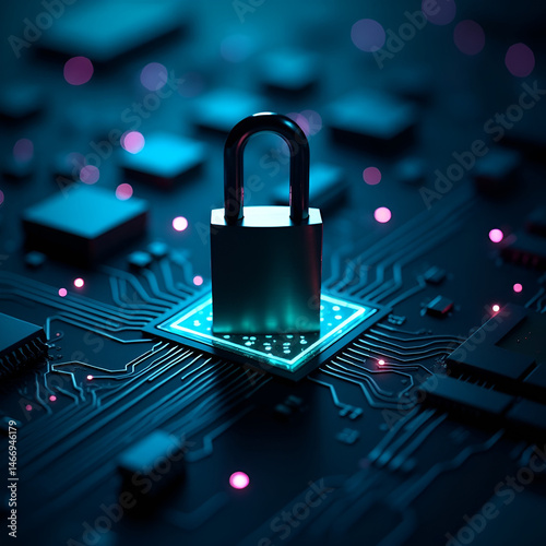 A dark futuristic cyber security scene features a padlock and shield on a blue technology background symbolizing secure internet protection and the concept of cyber security