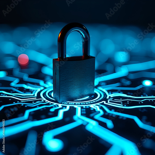 A dark futuristic cyber security scene features a padlock and shield on a blue technology background symbolizing secure internet protection and the concept of cyber security