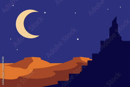 nightfall over desert cliffs with a glowing cresce