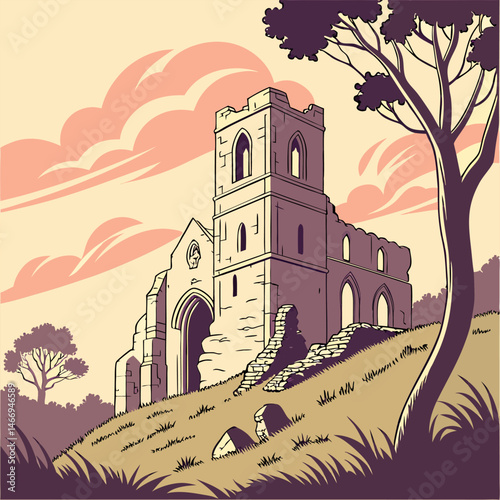 an old illustration of a church on a hill