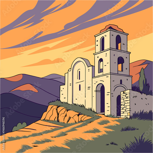 an illustration of an old church in the mountains