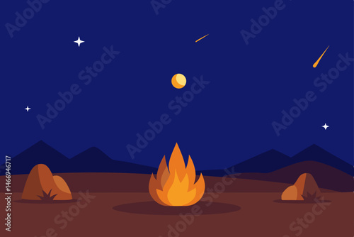 nighttime desert campfire under a sky filled with 