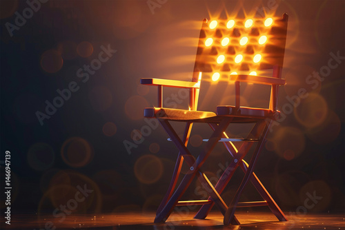film projector and film director's chair in dark place, 3d rendering