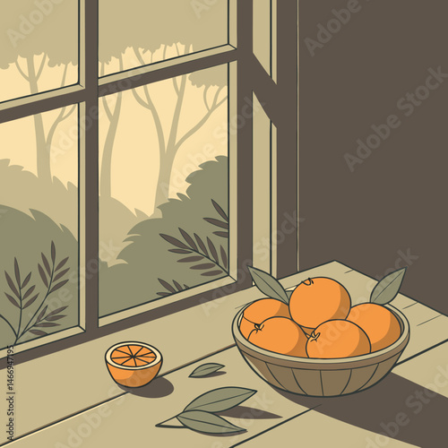a bowl of oranges and a leaf on a window sill