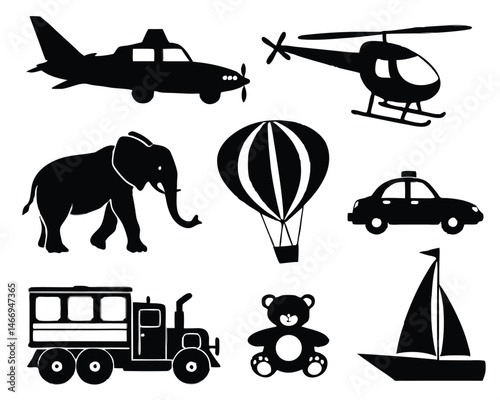 This vector set features silhouette transport icons, a collection of transportation symbols including car, truck, plane, train, bus, ship, and helicopter for travel and vehicle illustrations