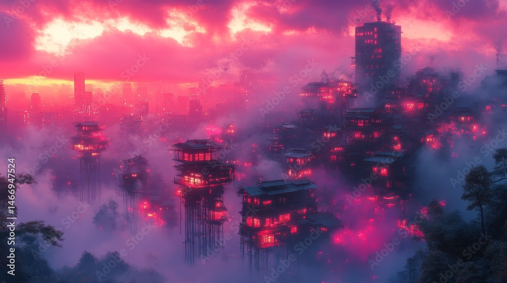 Obraz premium A fantastical, floating city bathed in vibrant, ethereal hues.