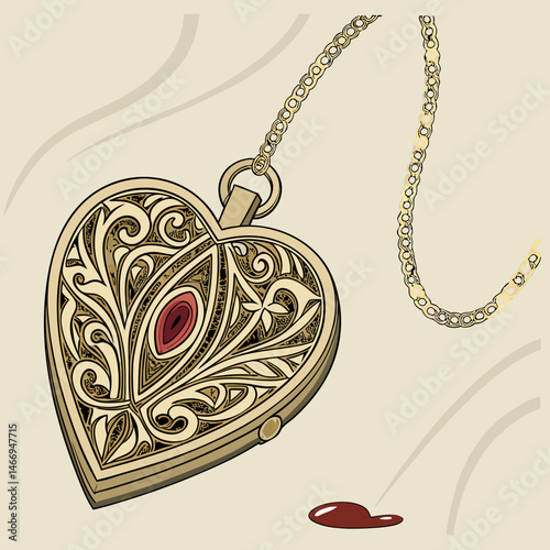 a heart shaped locket with a chain and a red stone