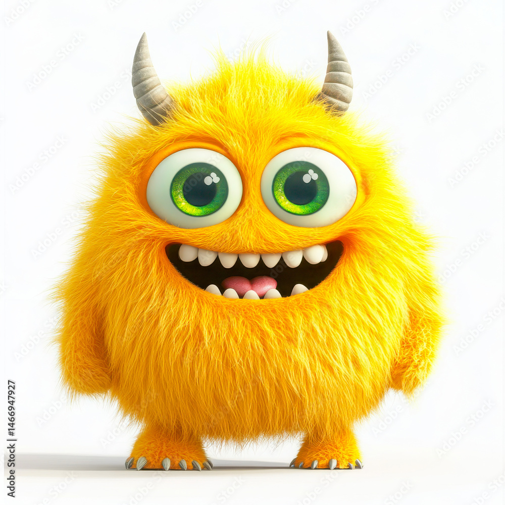 Fluffy yellow monster smiling on white background