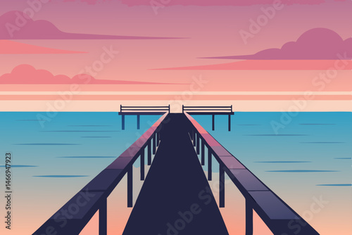ocean pier stretching into still waters beneath 