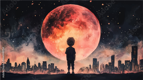 Vector illustration. A little boy looks at a large glowing planet. Watercolor painting.