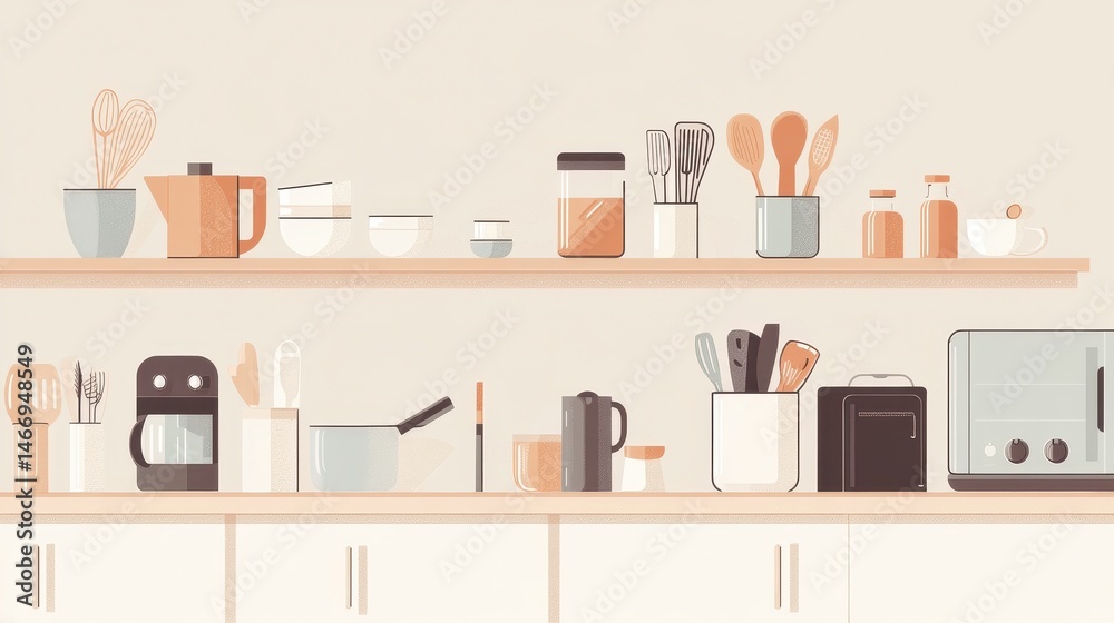 A kitchen scene with an empty shelf on the wall A kitchen scene with an empty shelf on the wall