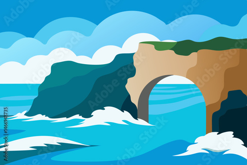 ocean waves crashing into rocky arches along 
