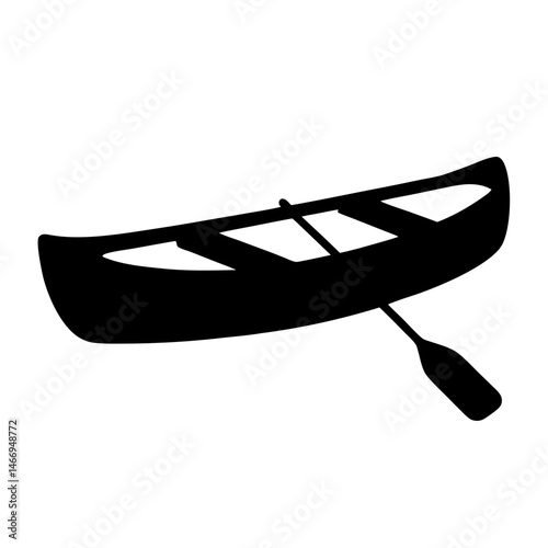 Black silhouette of a canoe with a paddle on a white background