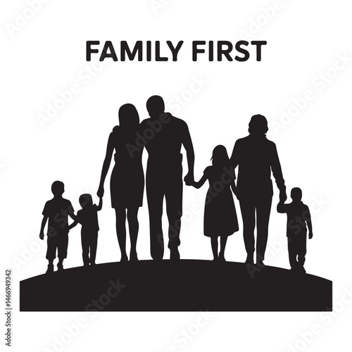 Black Silhouettes of Families – Parents with Kids, Generations, Hugs, Walks, Simple Minimalist Style
