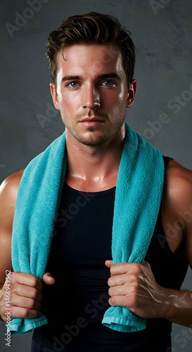 Handsome man with towel over shoulders, post-workout look