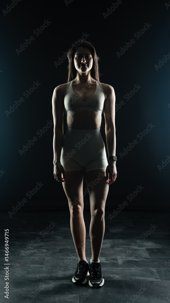 Fototapeta premium Young beautiful woman with athletic body on dark background. Fitness girl