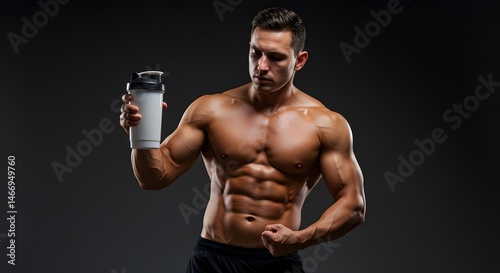 Bodybuilder holding protein shaker, studio background