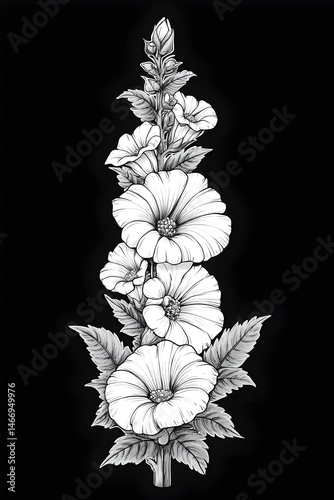 Monochrome botanical illustration of a tall flowering plant with several blossoms and leaves on a black background
