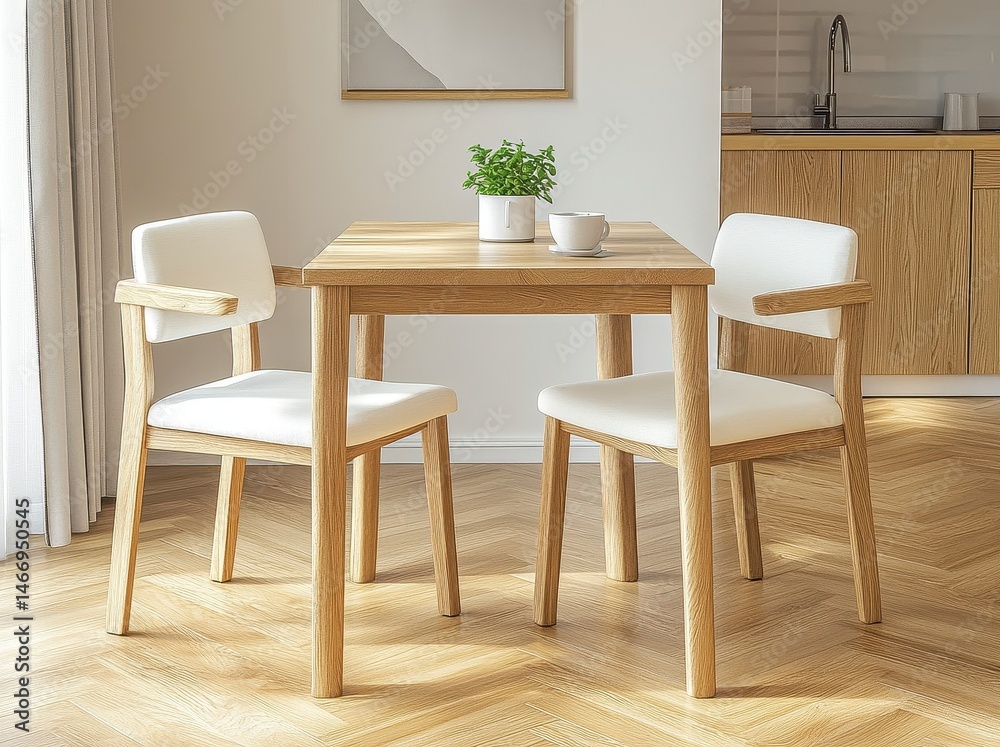 A simple and stylish dining table set with two chairs, suitable for small spaces like an apartment or studio. A simple and stylish dining table set with two chairs, suitable for small spaces like an apartment or studio.