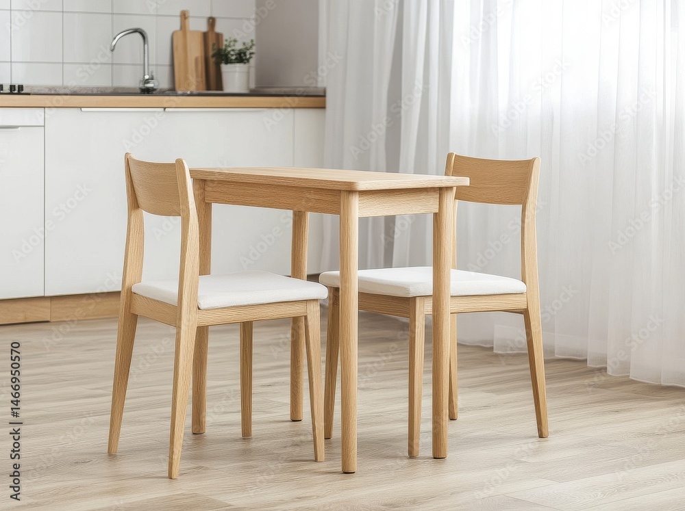 A simple and stylish dining table set with two chairs, suitable for small spaces like an apartment or studio. 