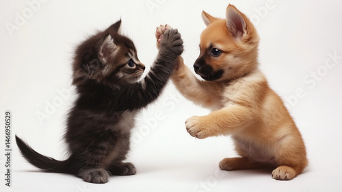 cute fluffy cat and kitten giving high five isolated on white background