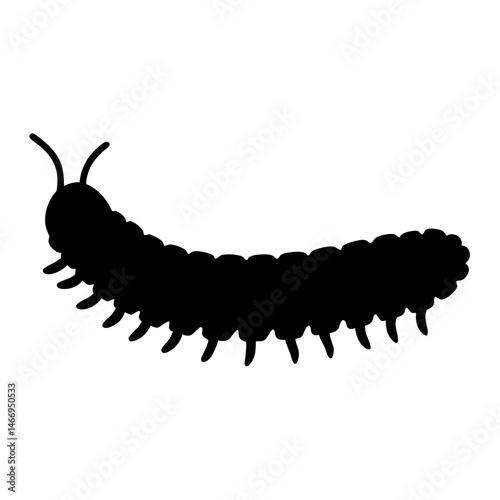 Silhouette illustration of a millipede, a many legged arthropod insect creature