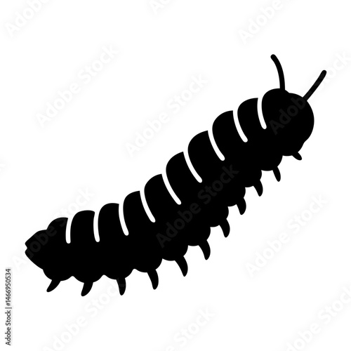 Simple black silhouette of a segmented caterpillar crawling, viewed from the side