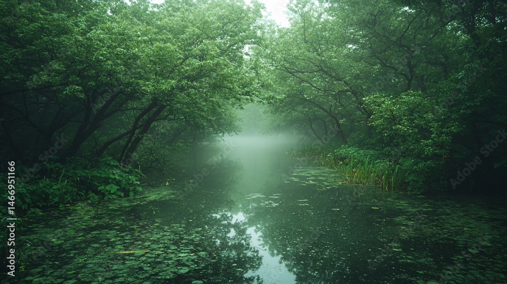 Obraz premium Misty forest waterway
