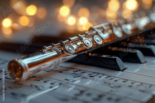 A golden shine and sheet music are featured at the front with the piano and flute