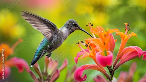 A small green hummingbird with a red throat is flying and feeding its long beak on a flower in nature