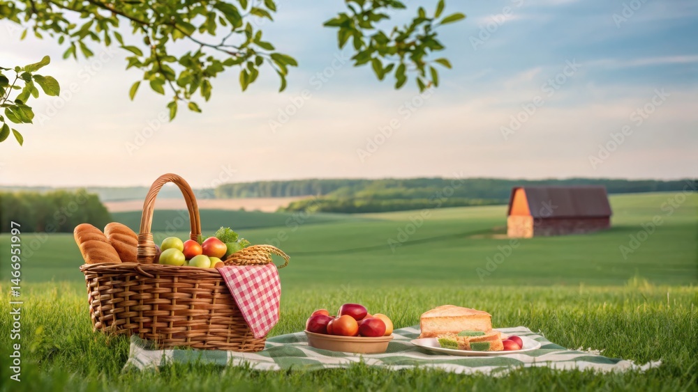 Picnic basket with fruits and bread on a blanket in a green field, under a tree, with a barn in the background on a sunny day. Picnic basket with fruits and bread on a blanket in a green field, under a tree, with a barn in the background on a sunny day.
