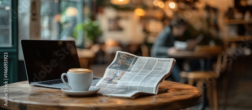 Laptop Coffee and Newspaper on Table