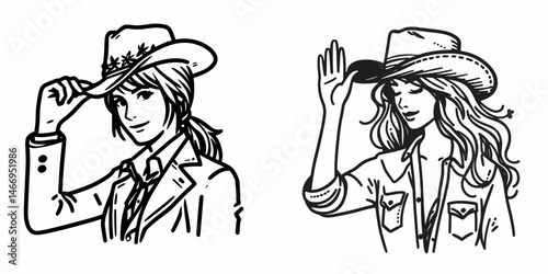Cowgirl Tipping hat in greeting. Western cowgirl Outline Clipart line art doodle vector illustration. Female rancher lifting headwear as salutation vogue welcome gesture.
