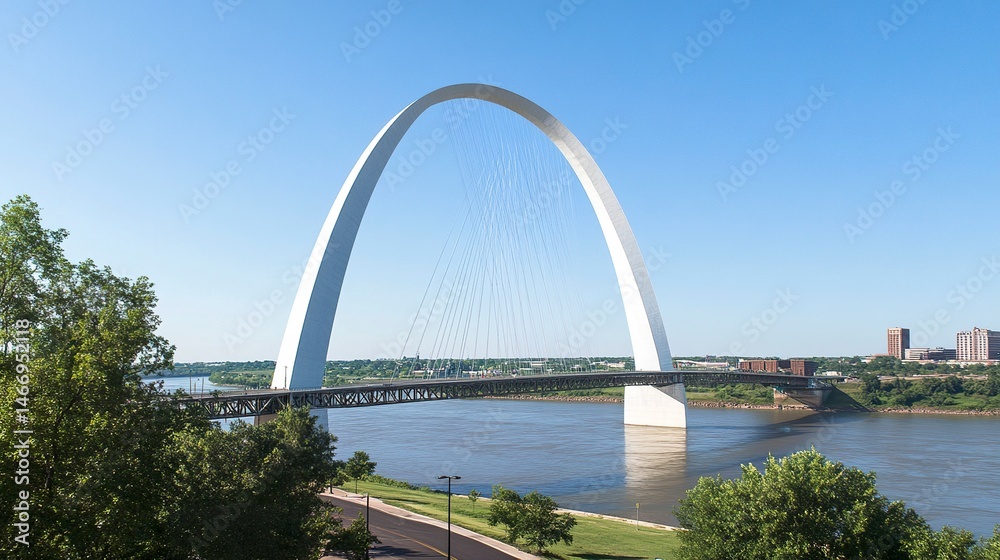 Naklejka premium White arch bridge with taut cable supports stretching across a broad river, its clean lines gleaming in the bright sunlight. Clear skies enhance the scene. 
