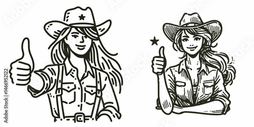 Wallpaper Mural Cowgirl Thumbs up. Western cowgirl Outline Clipart line art doodle vector illustration. woman approval gesture rodeo girl showing agreement and positive vibe. Torontodigital.ca